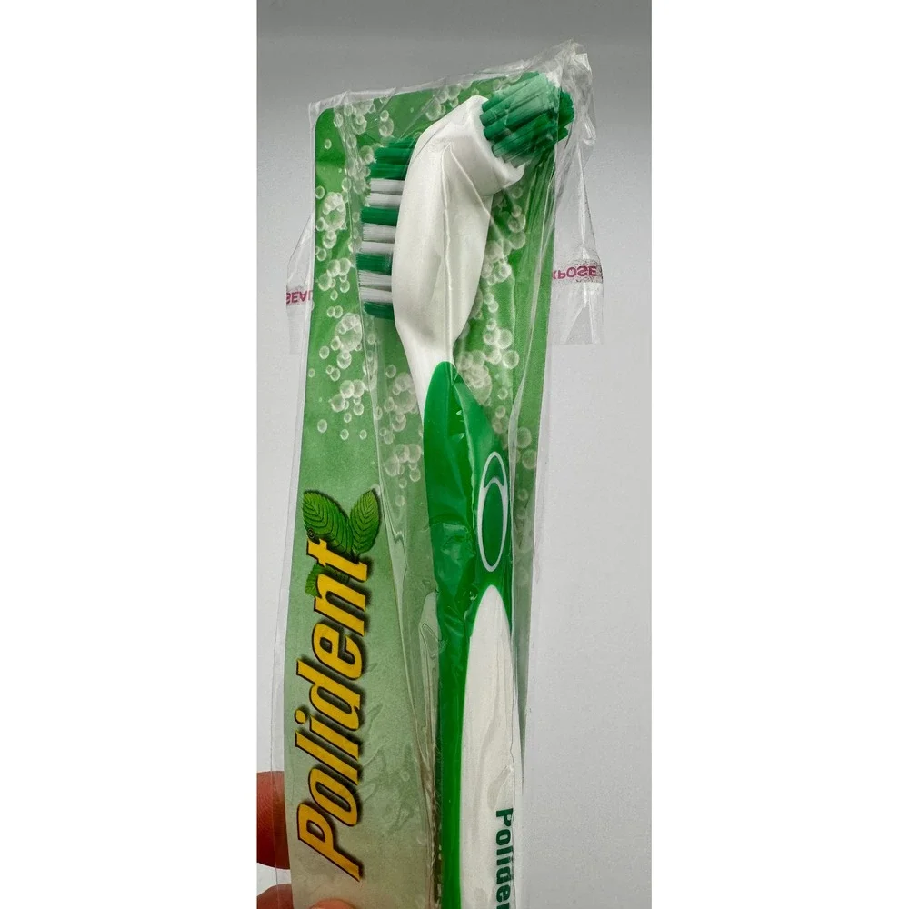 Polident Denture Brush Green & White Dual Head Firm Bristles DISCONTINUED New